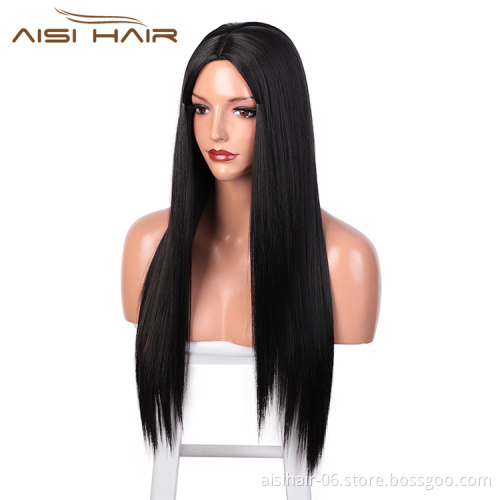 Aisi Hair Top Quality Long Silky Straight Wave Natural Black Wig Heat Resistant Synthetic Fiber Wigs For White Black Women